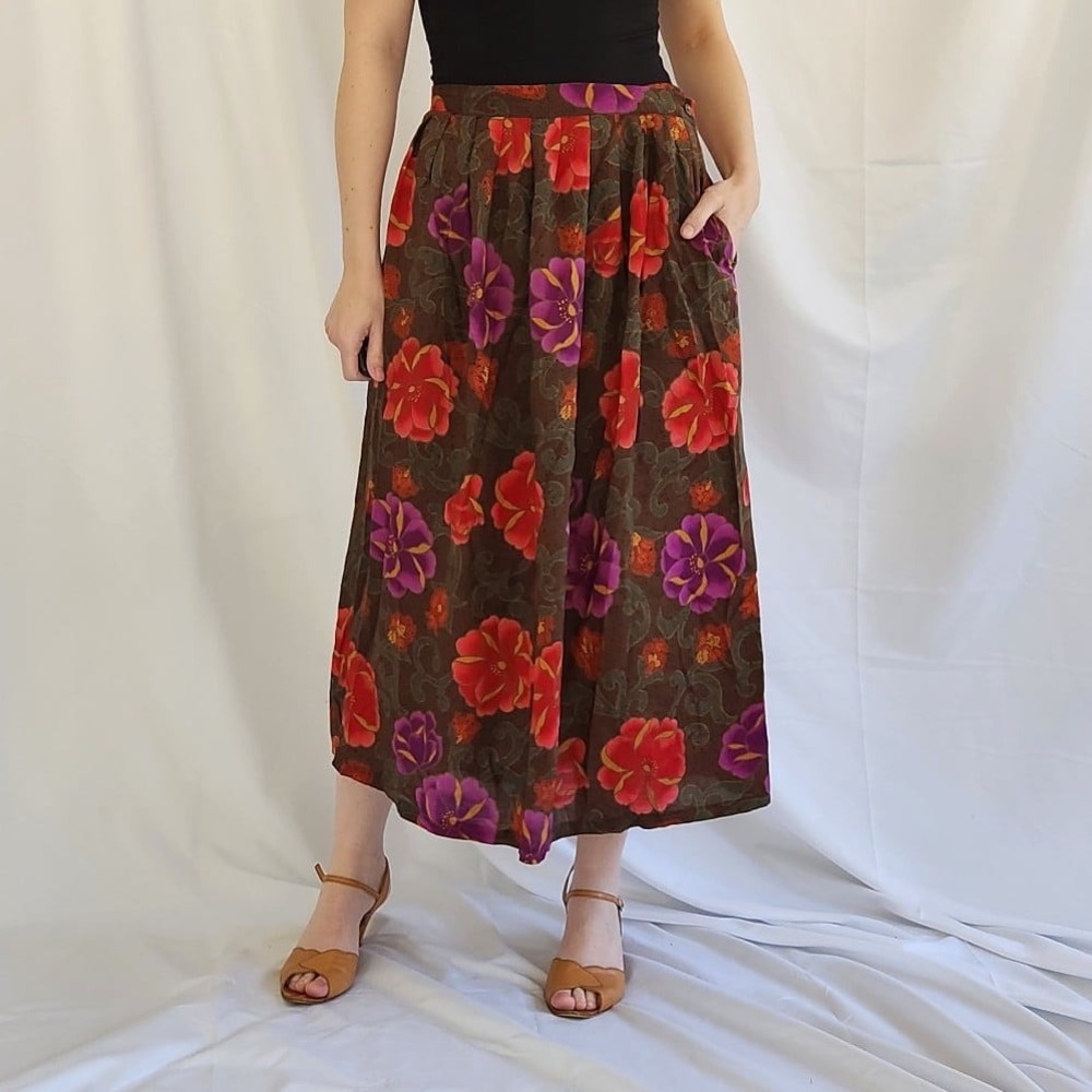90s Brown, Purple, and Red Rayon Midi Skirt‎